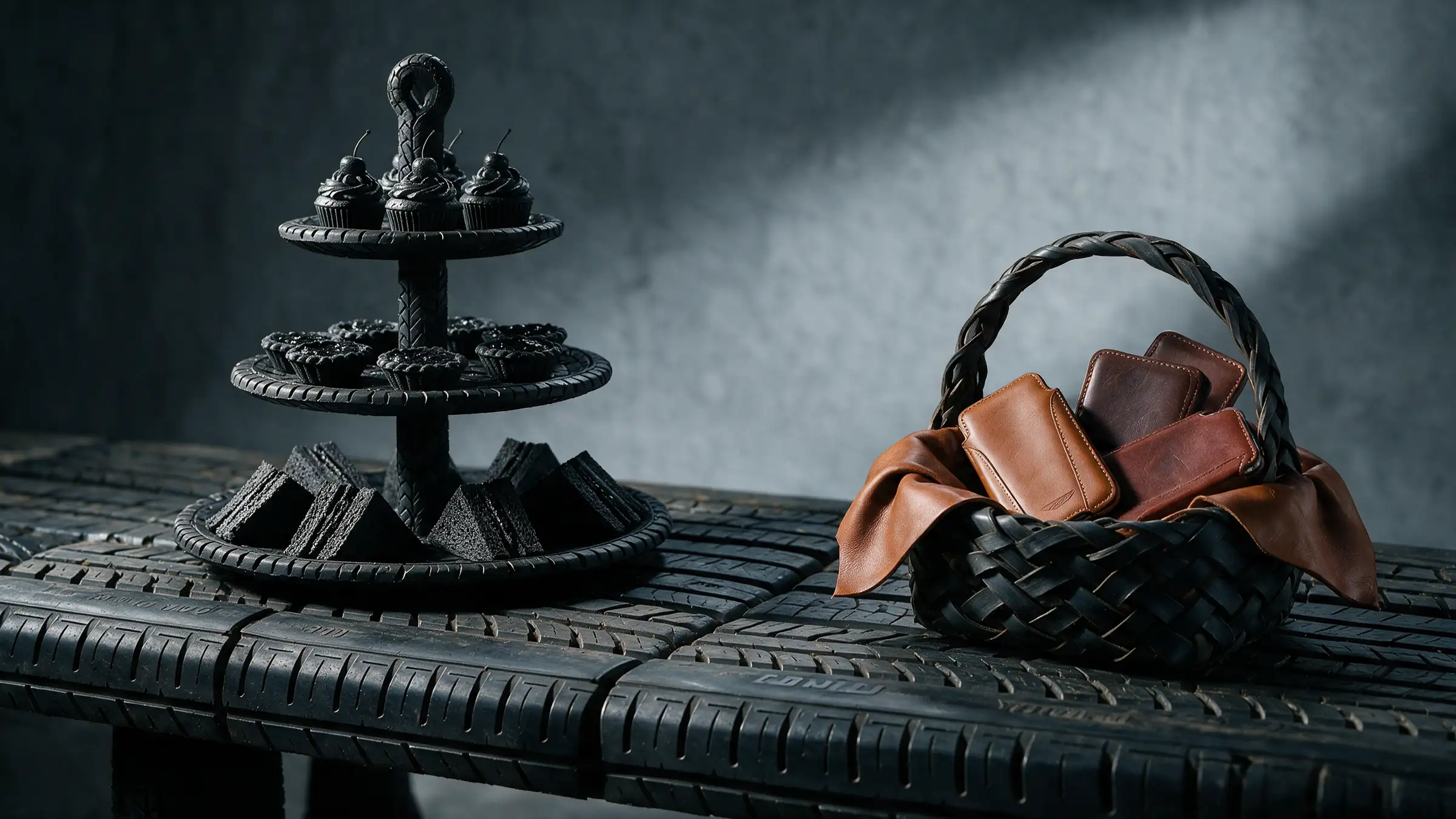 A three-tier cake stand and a woven basket, both made of black tyre rubber, on a bench of tyre treads; the basket holds tan leather wallets