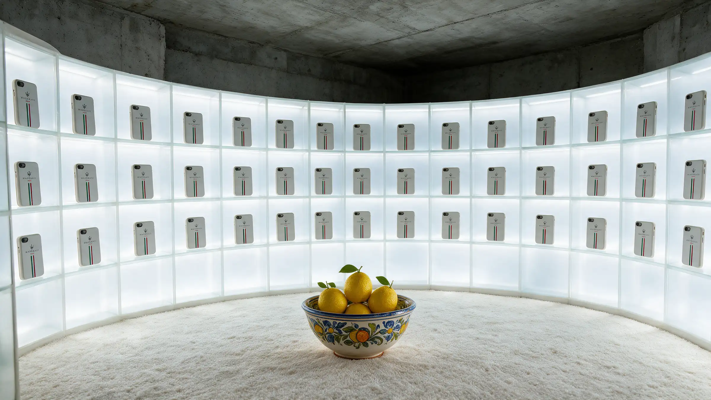 A curved wall of glowing white shelves lined with phone cases around a bowl of lemons on a white rug