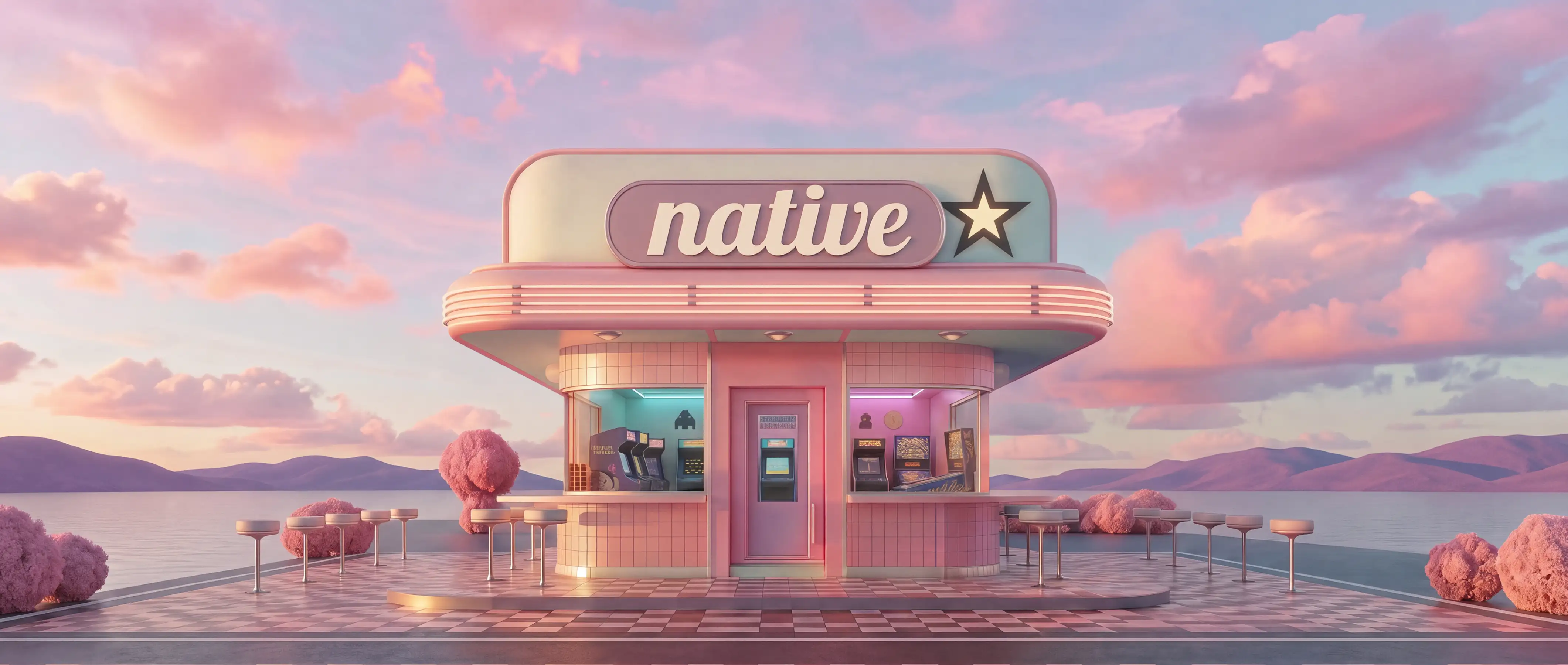 A pink retro kiosk with a "native" sign on a chequered seaside terrace under a pink sunset sky