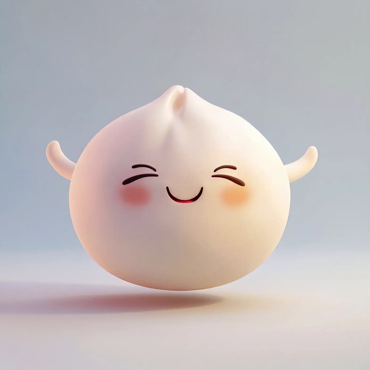 A smiling dumpling-shaped character on a grey-blue background
