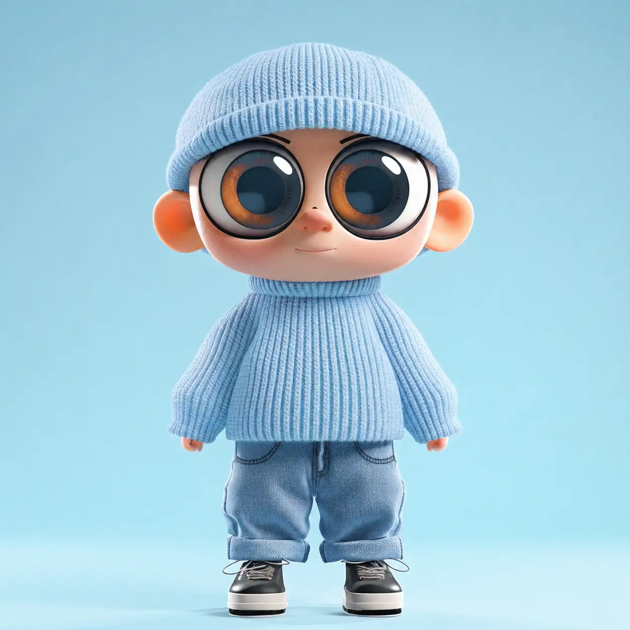 A cartoon boy in a blue beanie, big round glasses, a blue jumper and jeans