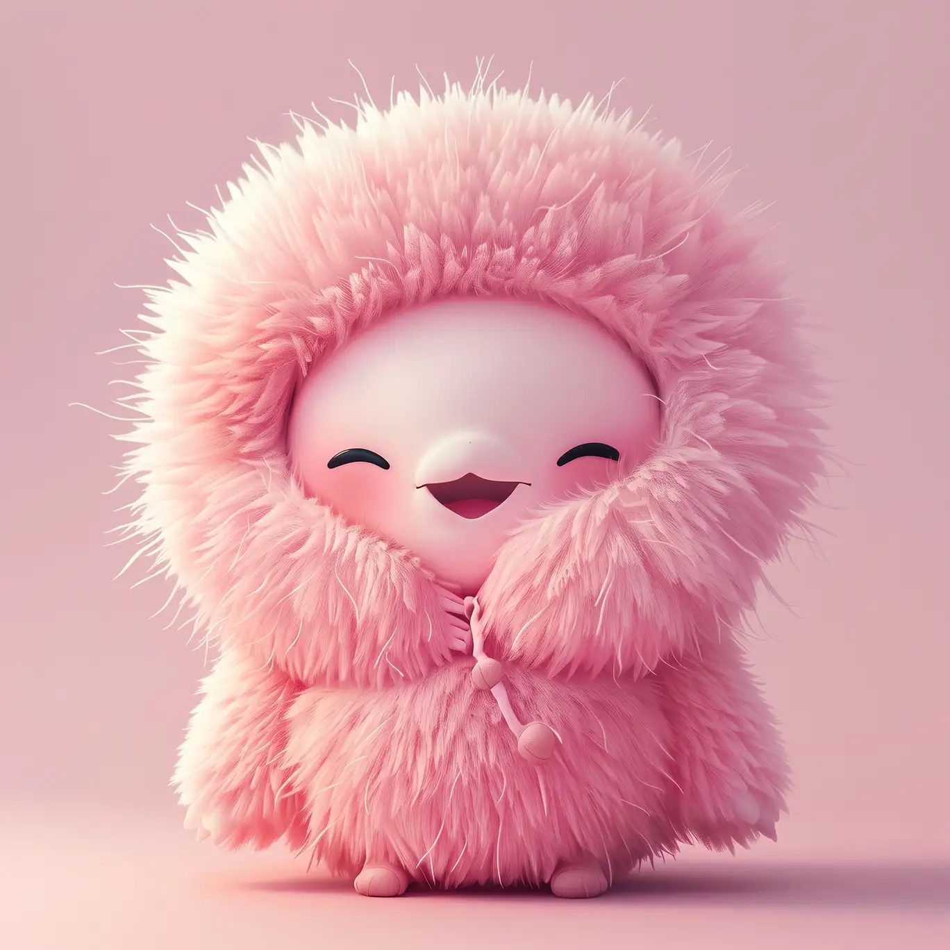 A smiling character wrapped in a fluffy pink hooded coat