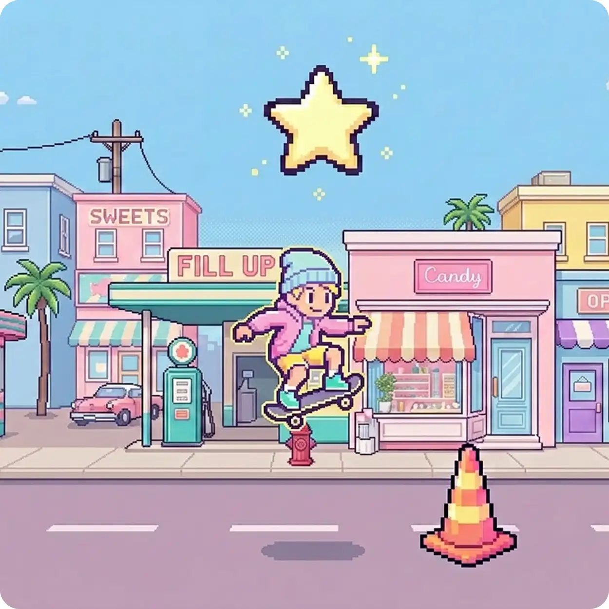 A pixel-art game: a character skateboarding down a pastel street of shops under a star