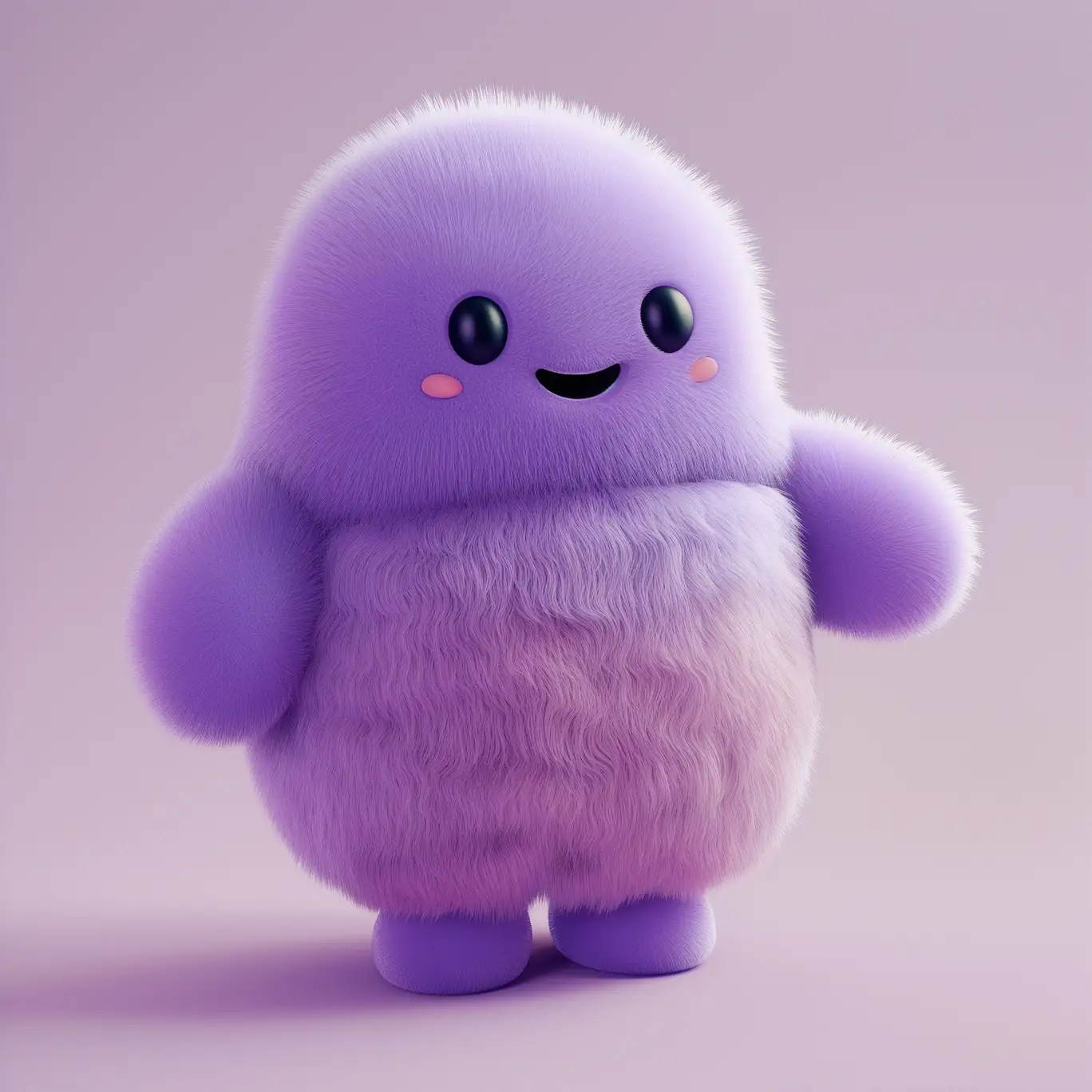 A fluffy purple character with a small smile on a lilac background