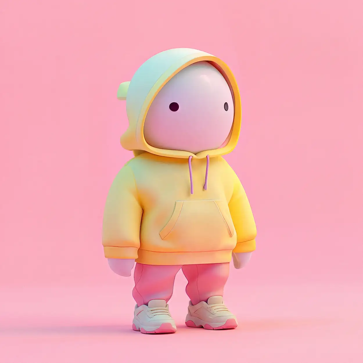 A small character in a yellow hoodie, pink trousers and trainers on a pink background