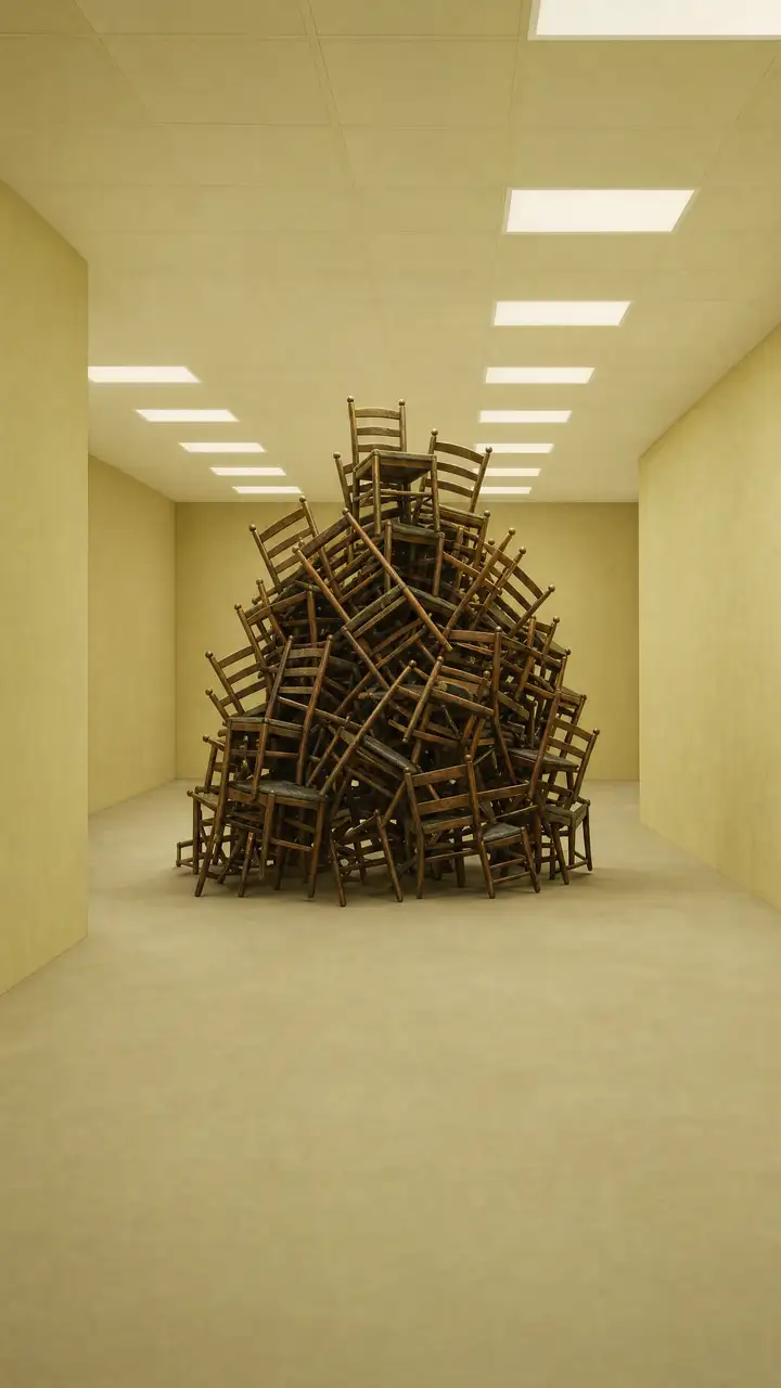 Dozens of wooden chairs piled high in an empty yellow office room under fluorescent lights