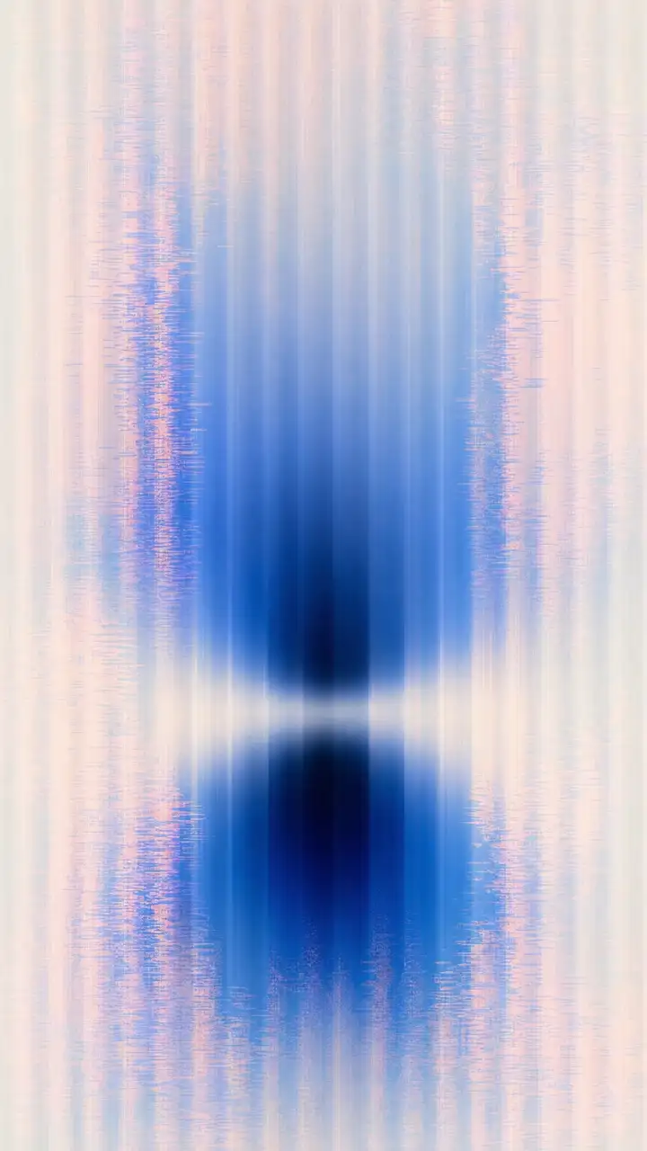 Abstract glitch image: blue and pink vertical streaks smeared around a dark centre